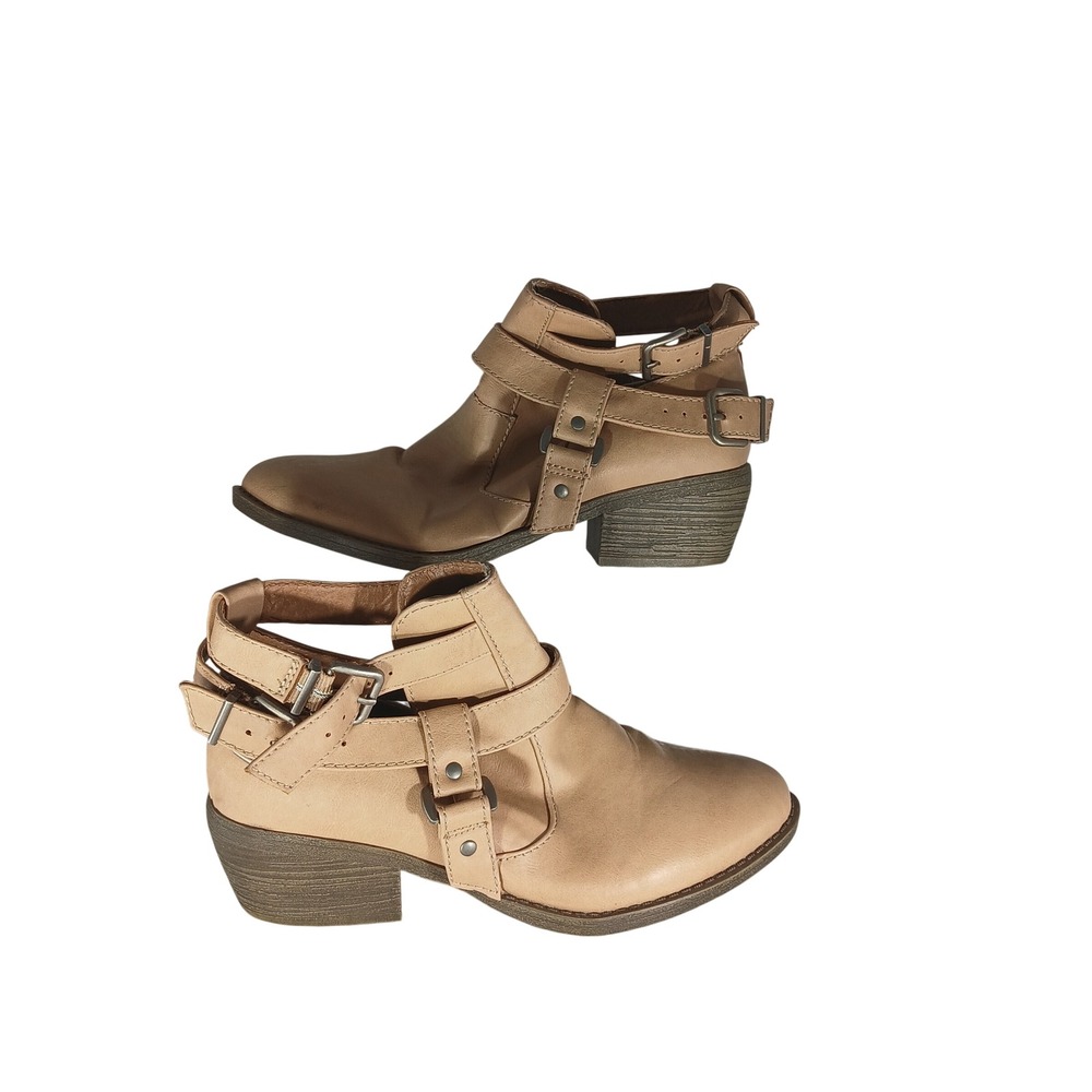 Arizona Jean Co Ankle Boots 8.5 Tan Buckle Strap Cut Out Moto Block Heel